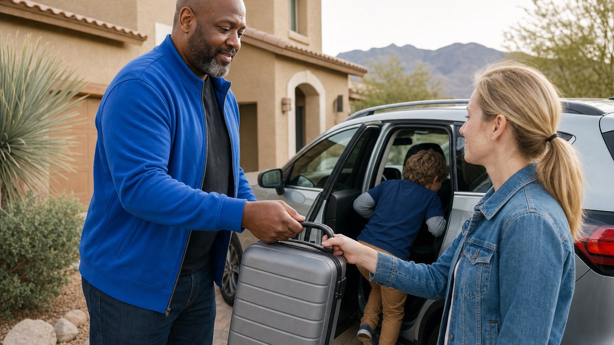 A father with a shaved head and graying beard hands a small rolling suitcase to his son's mother in the driveway of a stucco Las Vegas home while their young son climbs into the car