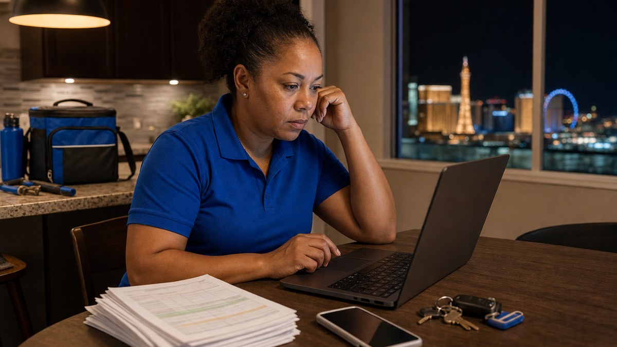 Plumbing business owner reviewing an estimate tracker spreadsheet on a laptop at her kitchen table in the evening, with paper estimates and a phone beside her