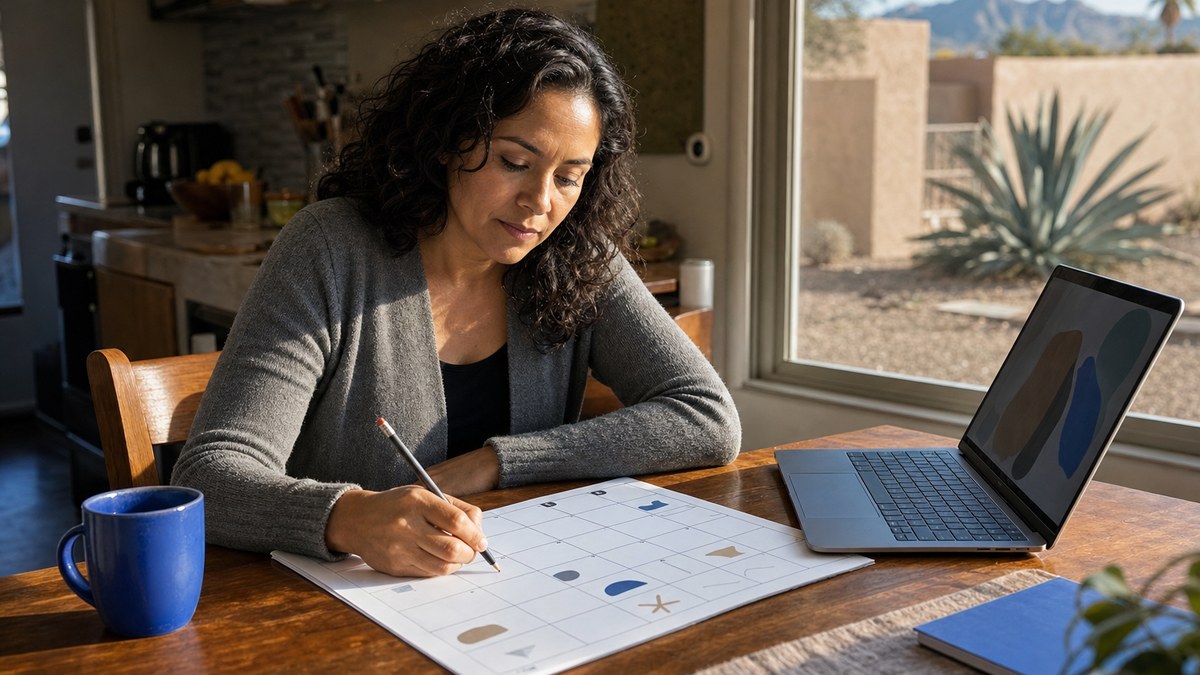 Woman at her kitchen table in a Las Vegas home planning the holiday weeks on a paper calendar and a laptop, with a blue mug beside her