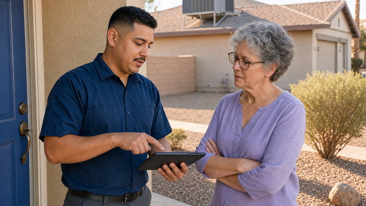 HVAC technician explaining a repair estimate on a tablet to a homeowner at the front door of a Las Vegas home