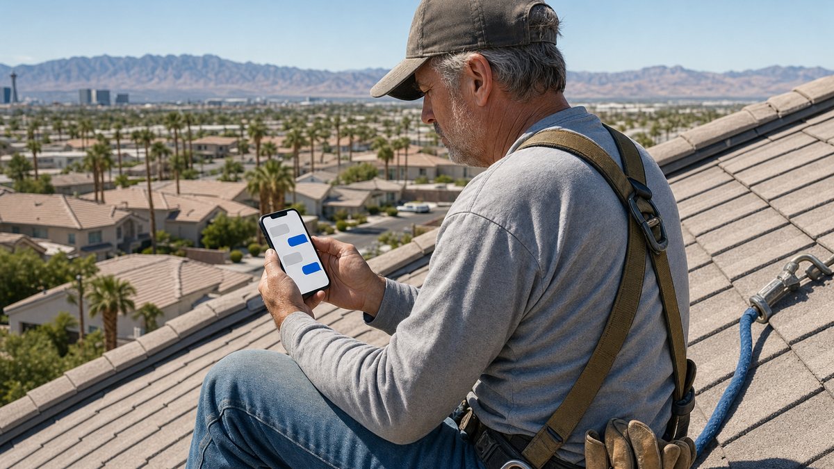 Roofer kneeling on a tile roof in Las Vegas checking a text conversation on his smartphone